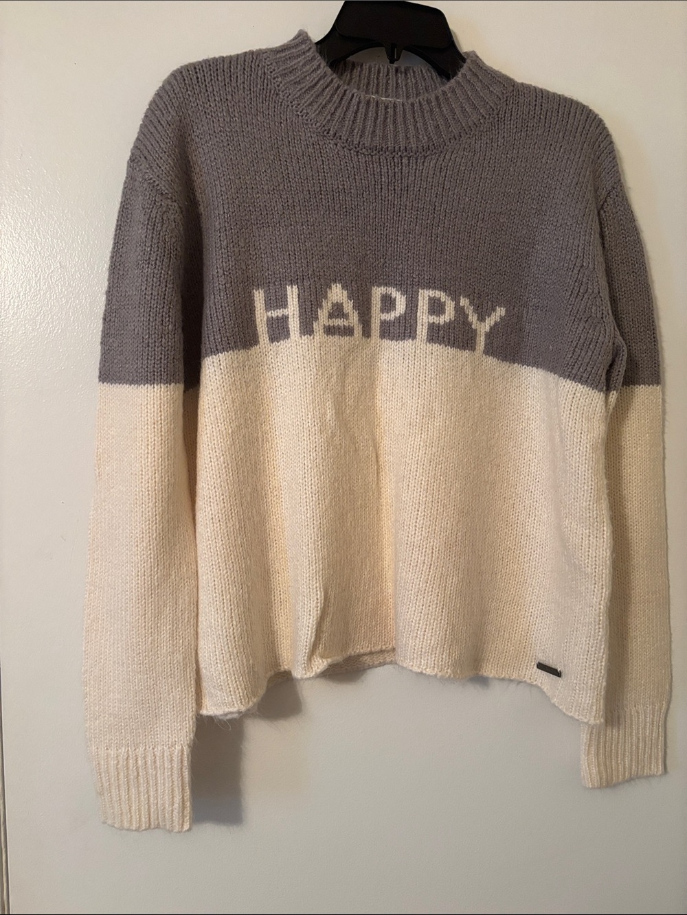 Peace Love World Gray and Cream "HAPPY" Colorblock Crewneck Sweater